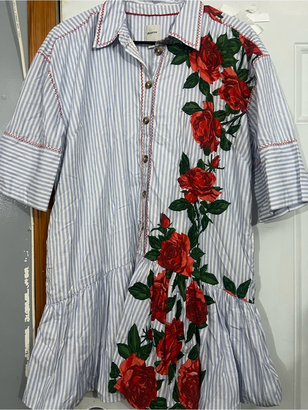 Anthropologie Maeve Blue & White Striped Dress with Red Rose Appliqué